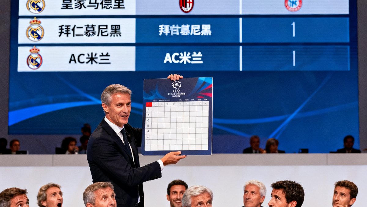 2025-26赛季欧冠小组赛抽签仪式现场照片，欧足联官员在瑞士尼翁总部展示抽签结果，大屏幕显示D组皇马、拜仁、AC米兰同组的对阵表，台下各俱乐部代表神情各异